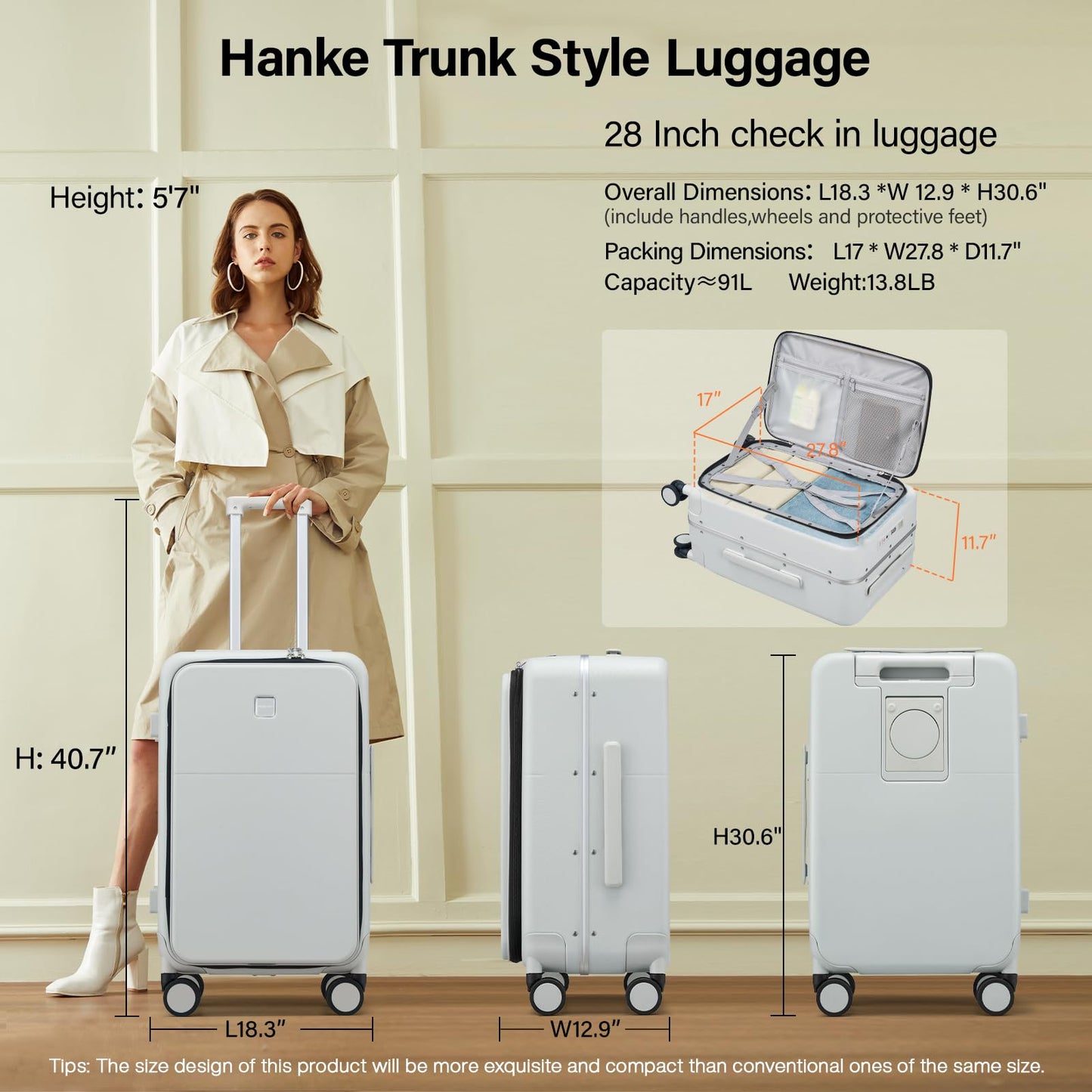 Hanke 28 Inch Checked Luggage with Cup Holder and USB Ports, Top Opening Hard Shell Suitcase with Wheels, Aluminum Frame Large Trunk Luggage with Foldable Divider & TSA Lock for Travel, Smoke White