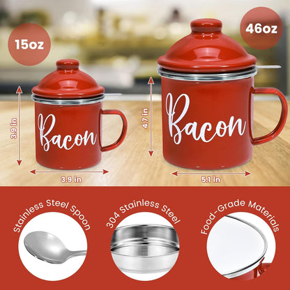 15oz Bacon Grease Saver with Strainer - Enamel Grease Container, Farmhouse Bacon Grease Keeper For Kitchen Fat Storage