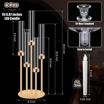 Tandefio 8 Set Gold Candelabra Centerpieces for Tables, 26.8 Inch 5 Arm Candle Holders with LED Candles and Acrylic Cylinders, Tall Acrylic Wedding Table Centerpieces for Reception Dinner Party Decor