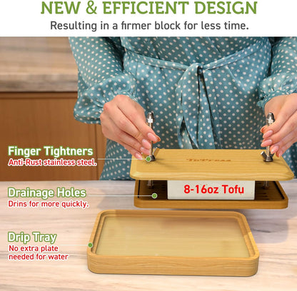 16oz, Bamboo Tofu Press, Built in Tofu Strainer and Drip Tray with Cheesecloth- Easily Remove Water from Tofu, Tofu