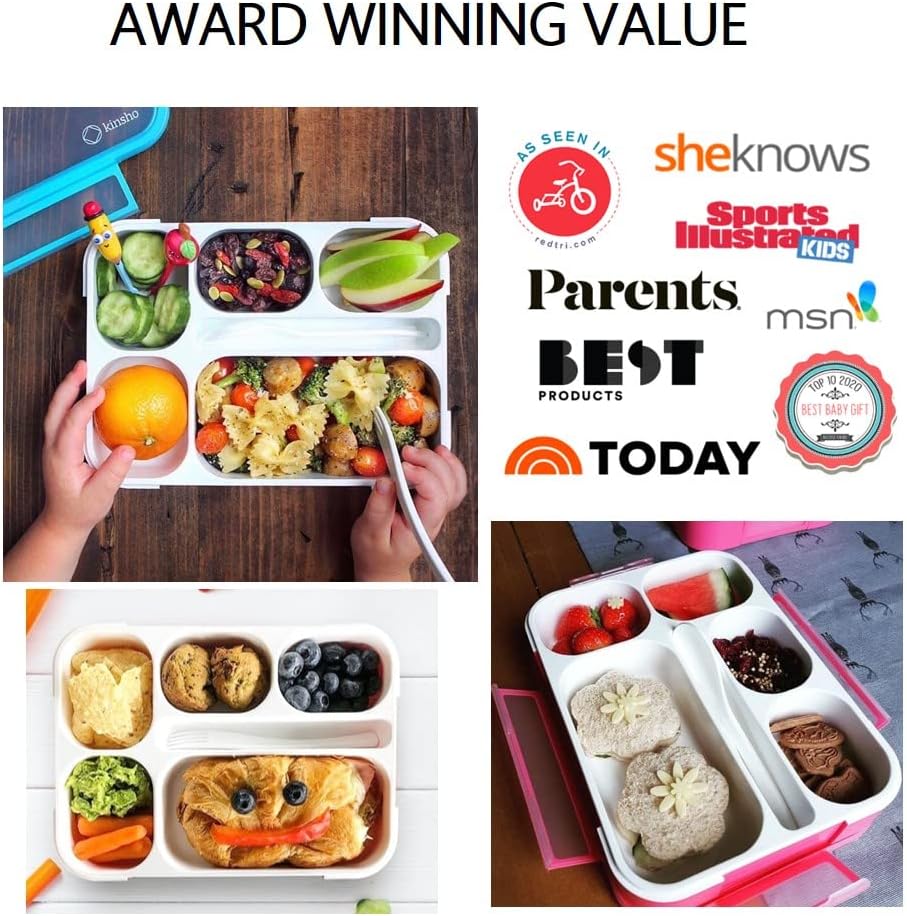 Bento Lunch Box for Kids & Adults, Leakproof Containers with 6 Compartments, BPA-Free Utensils, Blue & Pink Set