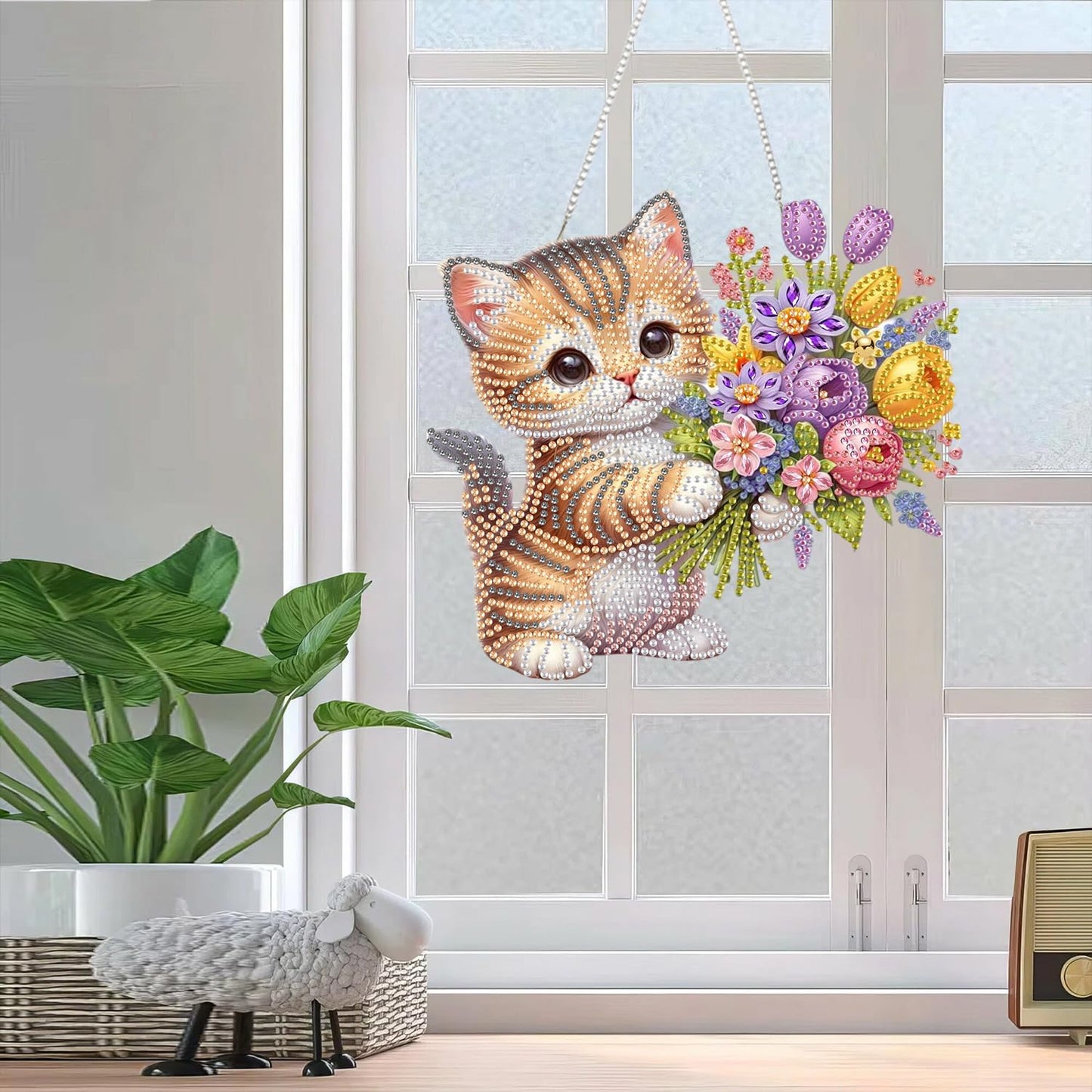 AIBOERL Diamond Art Hanging Kit for Adult,Special Shaped Rhinestone,Double Sided 5D DIY Acrylic Diamond Art Painting Window Pendants Home Garden Wall Hanging Kits Hanging Ornament (Cat)