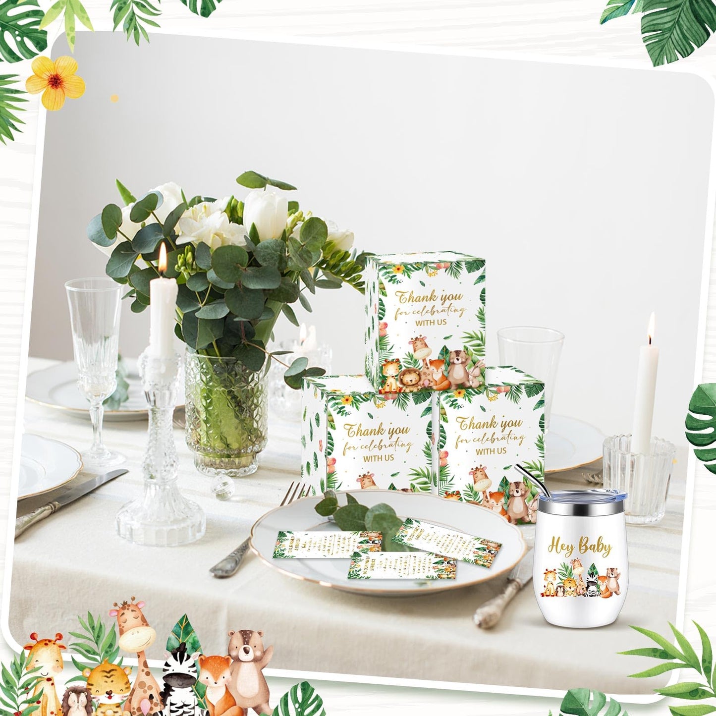 Hoolerry 6 Set Baby Shower Game Prizes for Guests Winners 12 oz Insulated Stainless Steel Tumbler Cup with Lids, Straws, Cleaning Brush, Cards & Boxes Return Gifts(Green,Safari Animals)