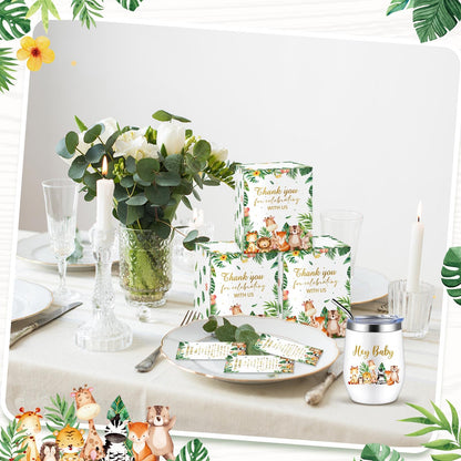 Hoolerry 6 Set Baby Shower Game Prizes for Guests Winners 12 oz Insulated Stainless Steel Tumbler Cup with Lids, Straws, Cleaning Brush, Cards & Boxes Return Gifts(Green,Safari Animals)