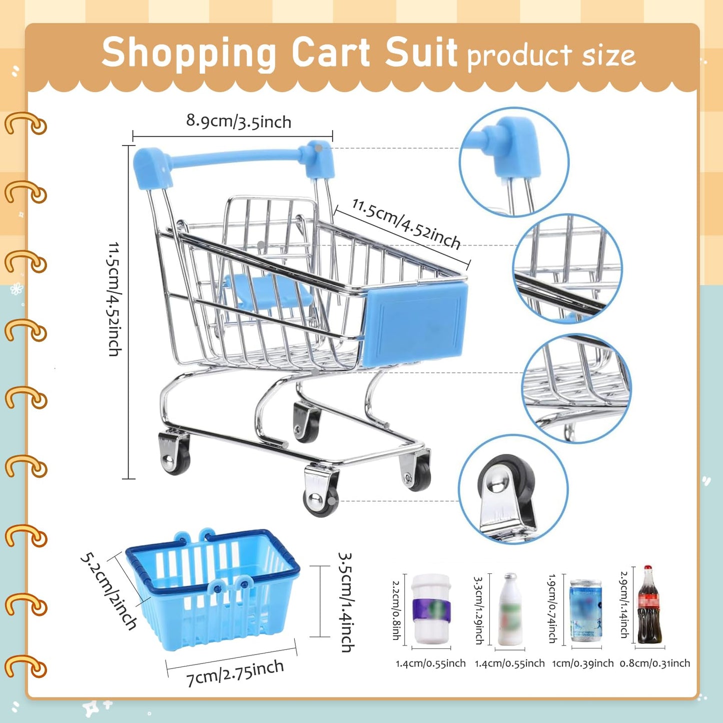 135Pcs Mini Shopping Cart Basket Miniature Food Drink Toy Supermarket Metal Handcart Dollar Bills Toys Dollhouse Store Grocery Accessories Kitchen Cosplay Play Game Party Model