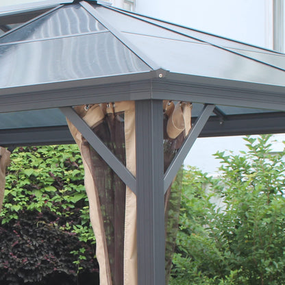 GOWE 10' x 12' Hardtop Gazebo Canopy with Polycarbonate Roof, Top Vent and Aluminum Frame, Permanent Pavilion Outdoor Gazebo with Netting, for Patio, Garden, Backyard, Deck, Lawn