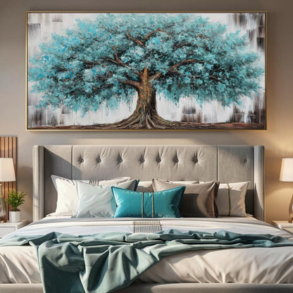 Wall Art Tree of Life Abstract Modern Artwork Blue Teal Tree Canvas Painting for Bedroom Living Room Office Large Decor 20"x40" with Framed