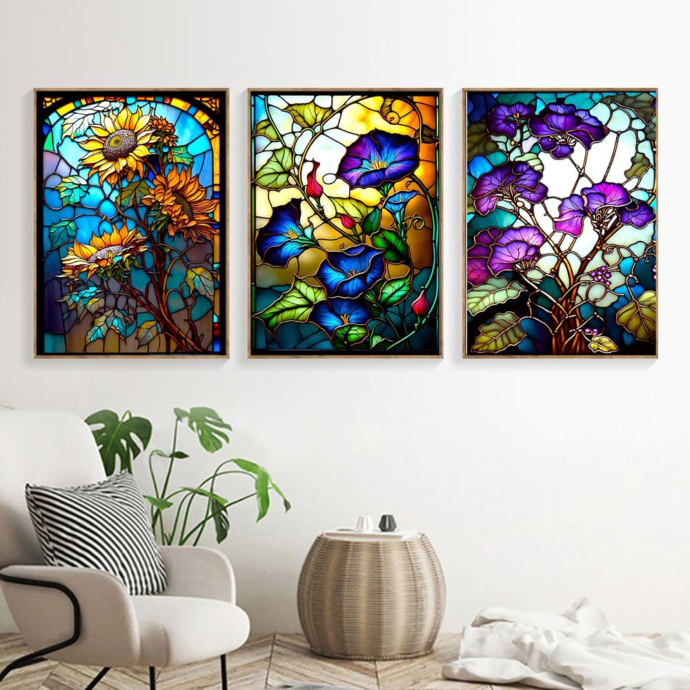 HITO 6 Pack Diamond Painting Kits for Adults-Flower Diamond Art Kits for Adults, Stained Glass Flowers Diamond Painting for Home Wall Decoration (Flowers, 12x16inch)