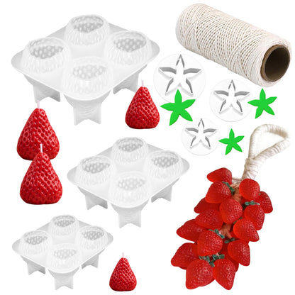 3D Strawberry Grapes Soap Mold, 3 Pcs Strawberry Silicone Scented Candle Soap Mold with 3Pcs Leaf Mold 200Ft White Cotton Rope for Soap Candle Making Gift