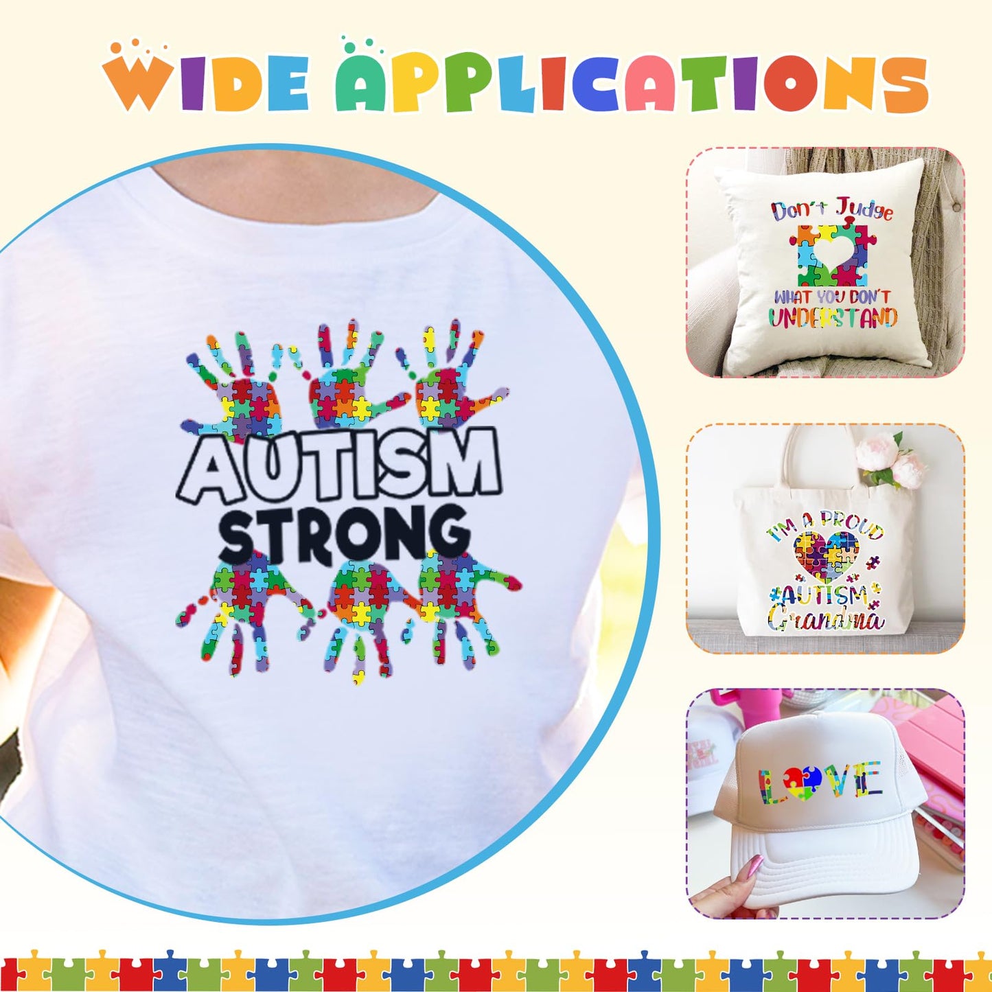 Tintnut Puzzle Pieces Heat Transfer Vinyl - 10 Sheets 10x12 Inch Autism Awareness Puzzles Craft Cutter HTV Vinyl Rainbow Color Pattern Printed Iron on Vinyl