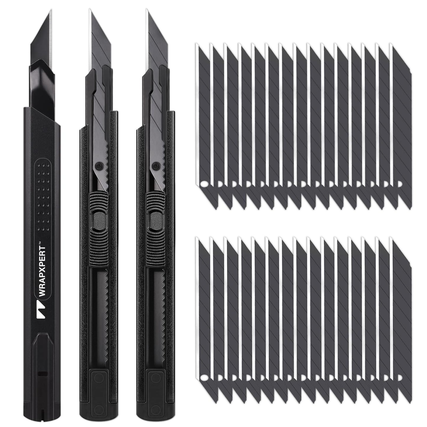 WRAPXPERT Utility Knife Retractable with 30 Degree Snap Off Blade,Box Cutter for Carton,Razor Knife Exacto Craft,3 Pack Retractable Knife for Office,Home Use,with 30 Extra 9mm Blades
