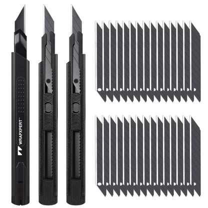 WRAPXPERT Utility Knife Retractable with 30 Degree Snap Off Blade,Box Cutter for Carton,Razor Knife Exacto Craft,3 Pack Retractable Knife for Office,Home Use,with 30 Extra 9mm Blades