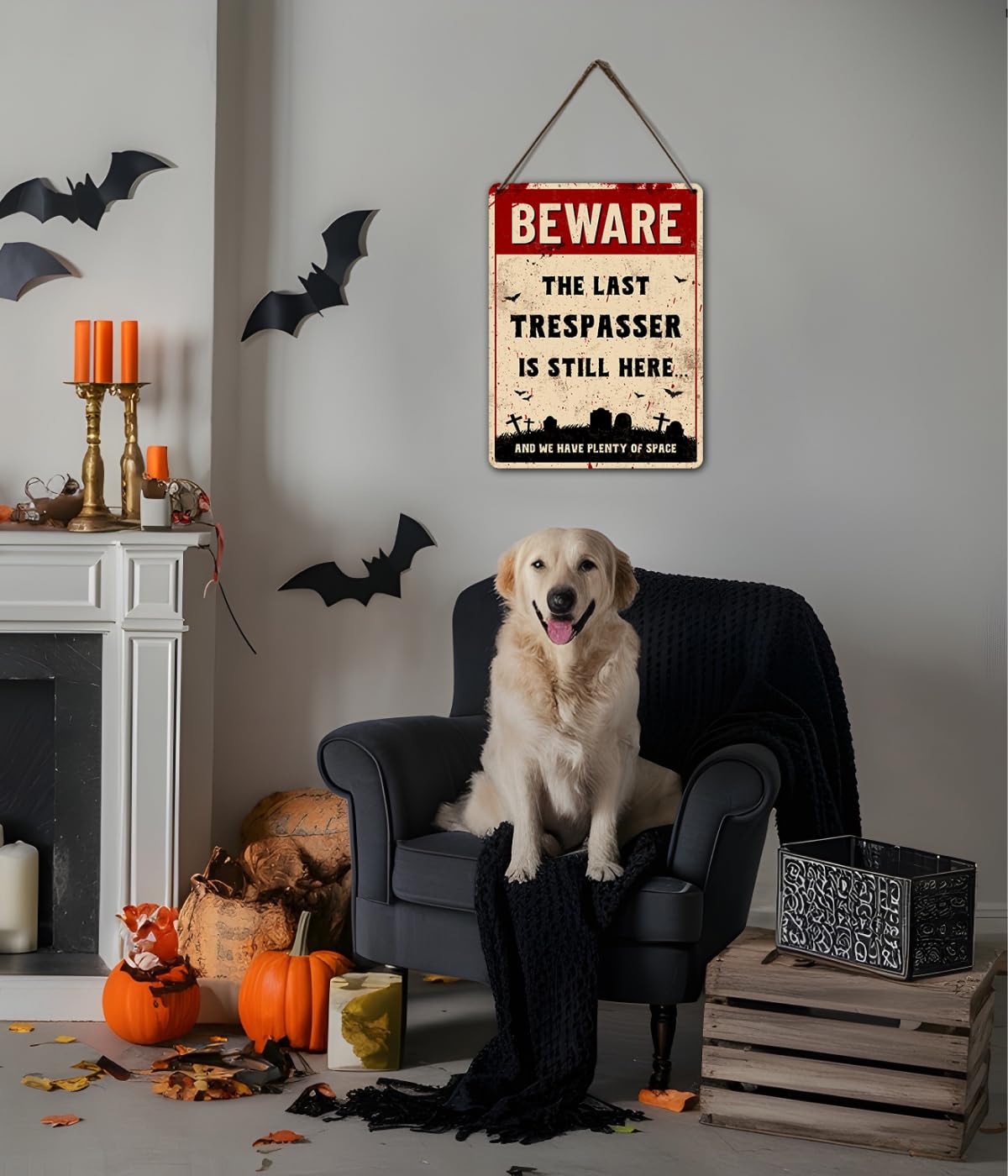 Funny Halloween Decor Sign - Halloween Graveyard Decorations, Funny No Trespassing Sign, Beware The Last Trespasser is Still Here, Outdoor Fence Halloween Decor, Cemetery Halloween Decorations by Opix Design, Halloween