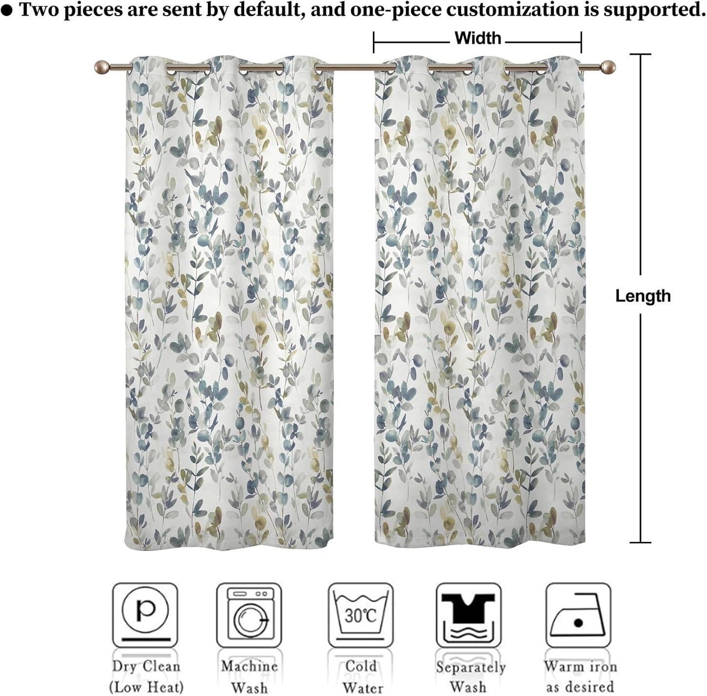 84" 53" 2 Set Renaiss Botanical Herbs Blackout Curtains, Vintage Eucalyptus Leaf Thermal Insulated Bedroom Window