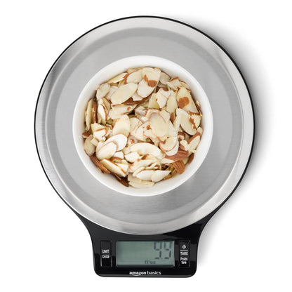 Amazon Basics Digital Kitchen Scale with LCD Display, Tare Function, Multiple Units, Weighs up to 11 Pounds, Batteries Included, Black and Stainless Steel