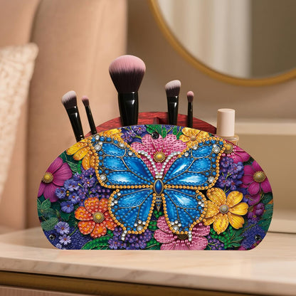 POETRYDRAW DIY Butterfly Diamond Art Painting Wooden Storage Box – Multi-Grid Moon Fan Makeup Brush Organizer, Double-Sided Drill Tabletop Holder for Women, Office & Home Decoration