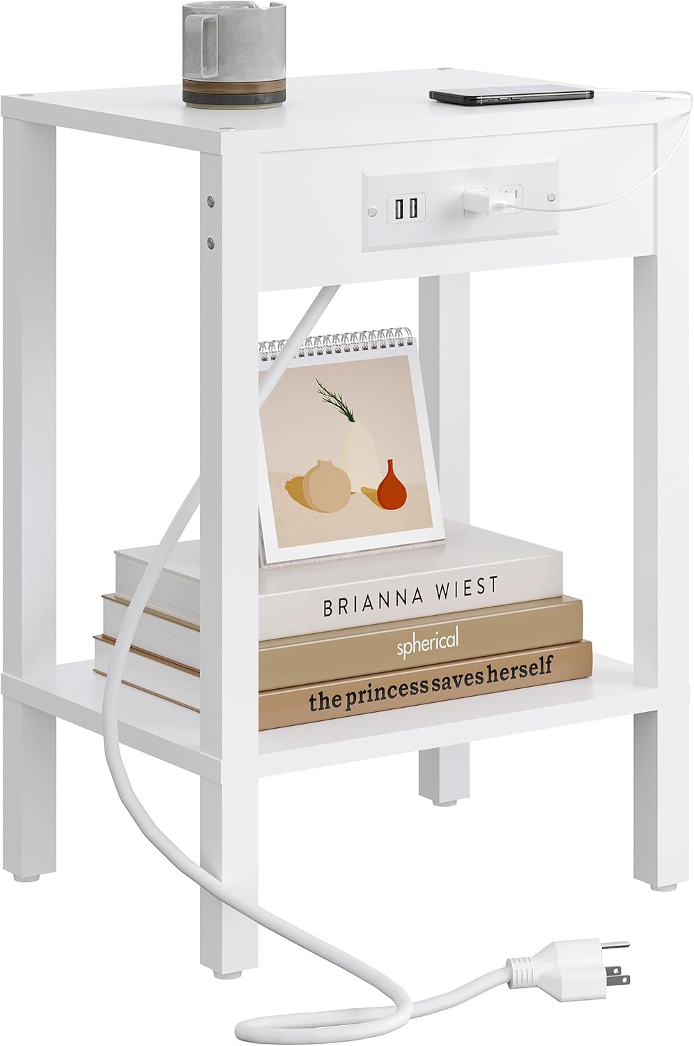 MMEOLUOOK 2-Tier MLBZ14WE End Table with Charging Station, Nightstand with Storage Shelf,Modern Side Table,Bedside
