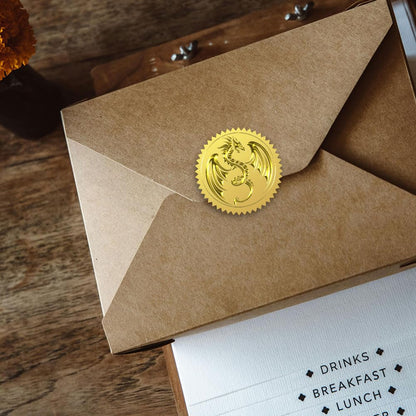 WADORN 100Pcs 2'' Dragon Embossed Gold Foil Seals, Self Adhensive Animal Round Gold Seals Sticker Labels Vintage Dragon Sticker for Envelopes Invitation Card Diplomas Awards Graduation