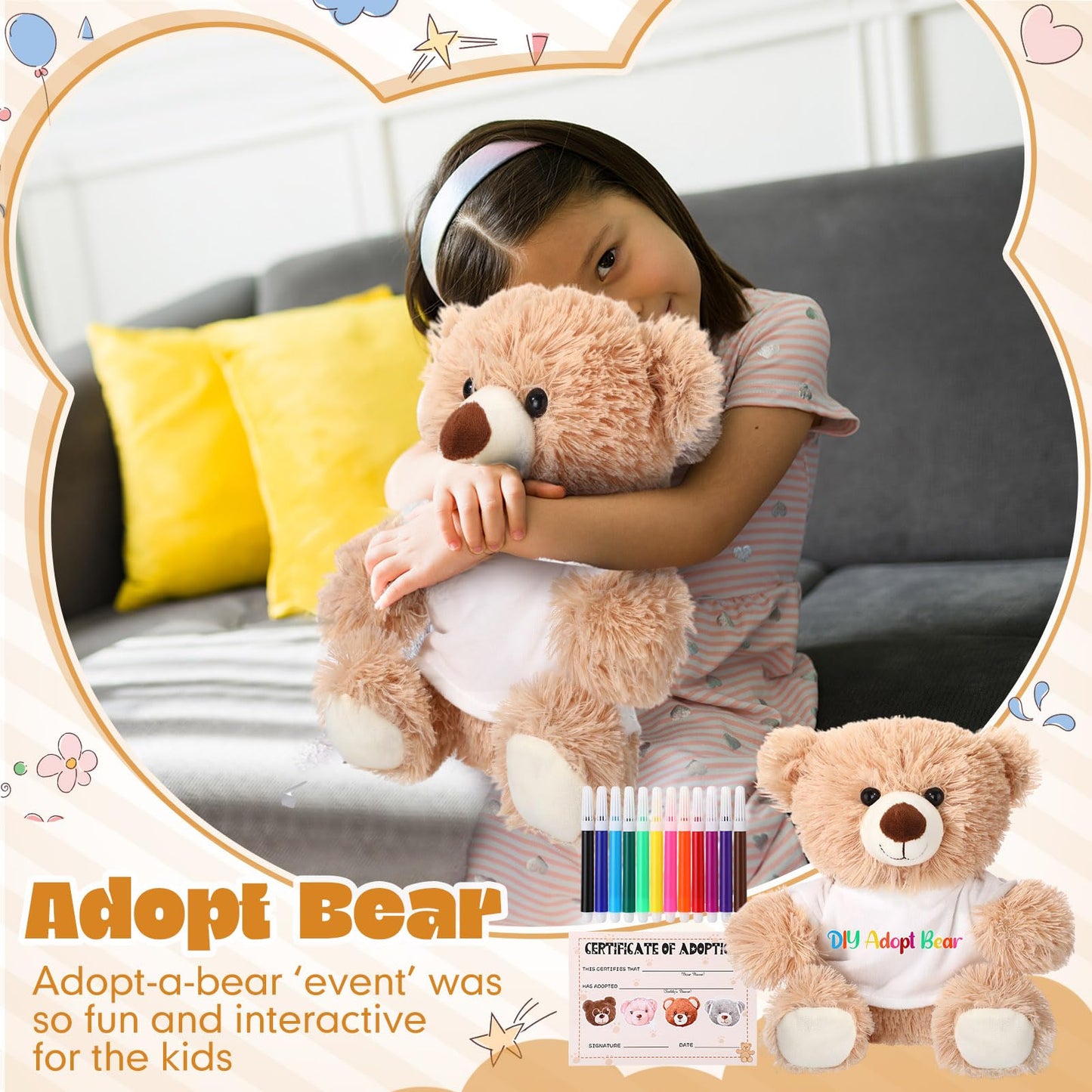 HyDren 15 Pcs Make Your Own Stuffed Animal Bear Kit DIY Adopt and Stuff Kit 10 Inch Soft Bear Plush White T Shirt Adoption Card DIY Brush for Birthday Personalized Gifts