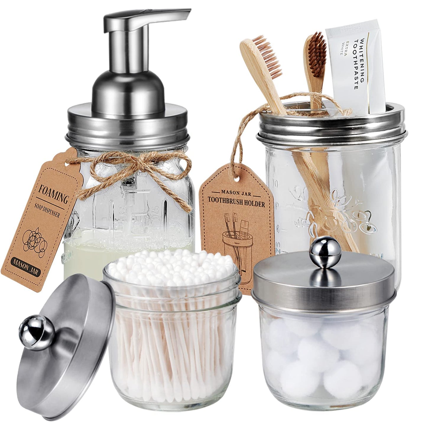 Amolliar Mason Jar Bathroom Accessories Set(4 Pack) - Foaming Soap Dispenser&Qtip Holder &Toothbrush Holder-Rustic Farmhouse Decor Bathroom Organizer Apothecary Jar Country Countertop (Brushed Nickel)