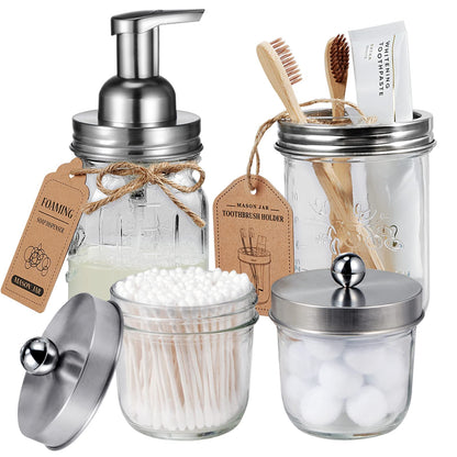 Amolliar Mason Jar Bathroom Accessories Set(4 Pack) - Foaming Soap Dispenser&Qtip Holder &Toothbrush Holder-Rustic Farmhouse Decor Bathroom Organizer Apothecary Jar Country Countertop (Brushed Nickel)