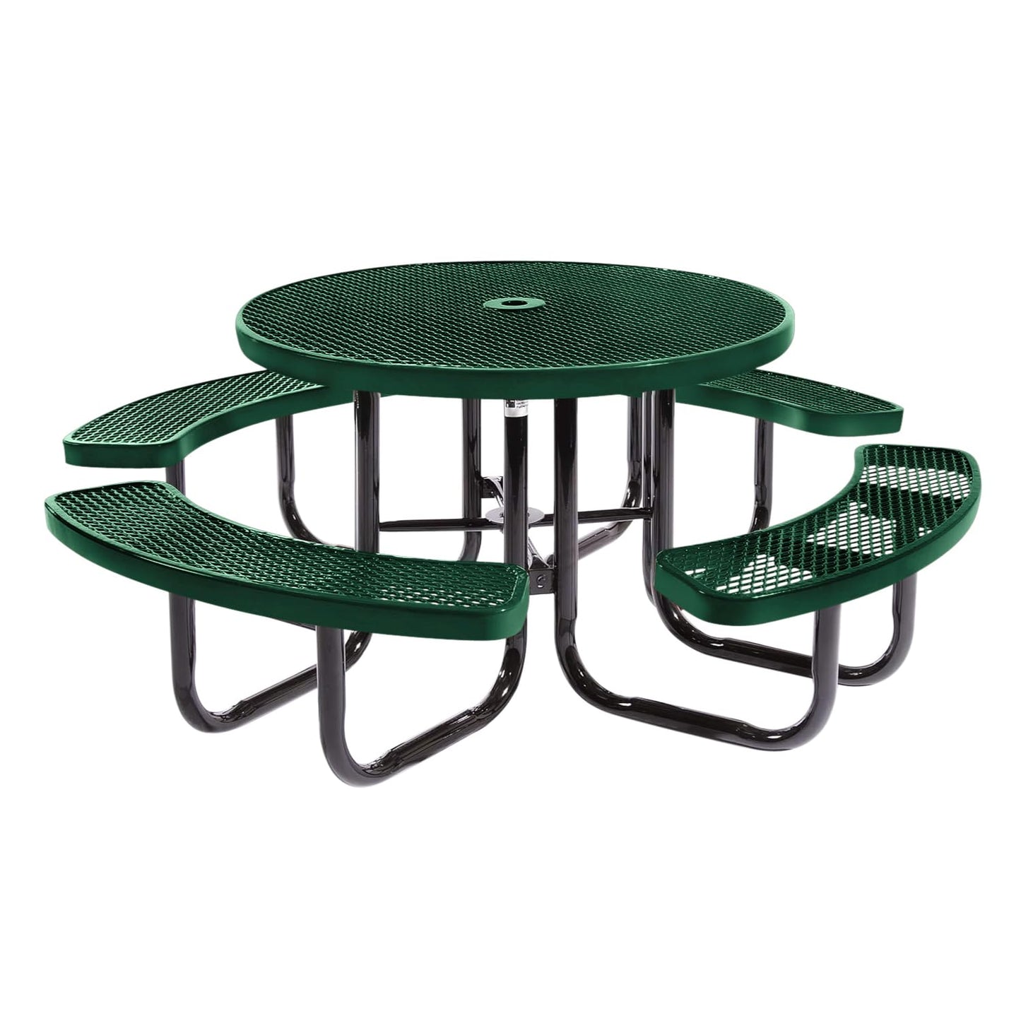 Coated Outdoor Furniture Heavy-Duty Portable Outdoor Picnic Table with Umbrella Hole, Expanded Metal Commercial-Grade Patio Dining Furniture Made in America (46" Round Top, Textured Green)