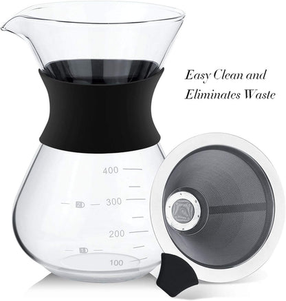 GOWENIC Pour Over Coffee Maker, Heat-resistant Borosilicate Glass Manual Dripper Brewer with Stainless Steel Filter