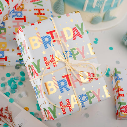 Merture Colorful Wrapping Paper Roll - 17 In X 32.8 Ft - Foil Happy Birthday Lettering & Candles Wrapping Paper for Birthday, Baby Shower, Party