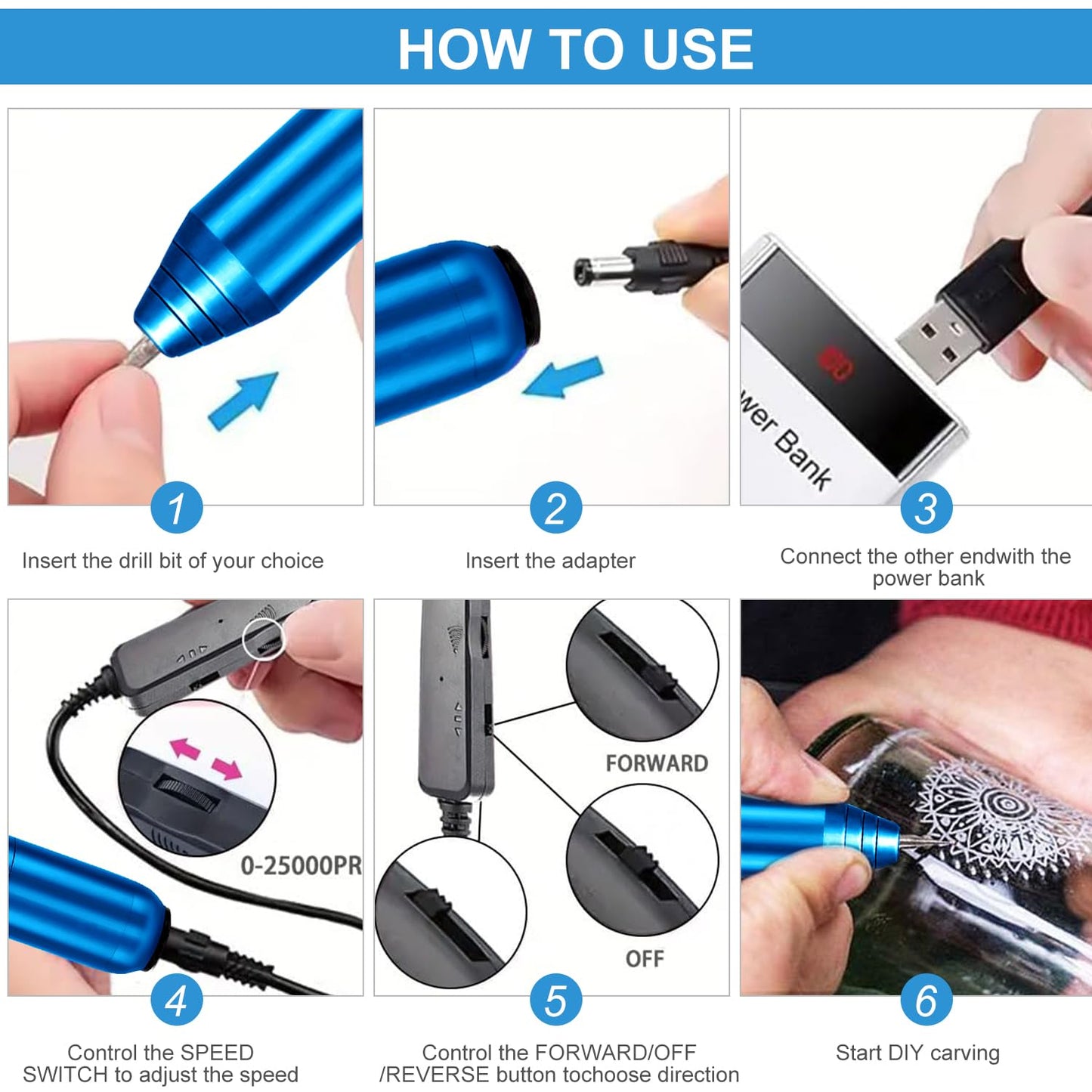 FOLAI USB Rechargeable Engraving Pen - Versatile Engraver Tool for Jewelry, Wood, Metal,Plastic,Glass,Stone,Manicure & More -Portable, Ideal for DIYers (Blue)