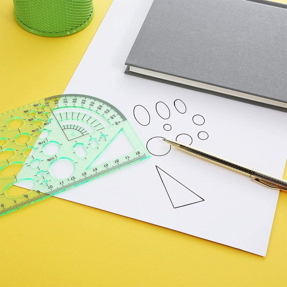 QincLing 11 Pieces Geometric Drawings Templates Stencils Plastic Measuring Template Rulers Clear Green Shape Template for Drawing Engineering Drafting Building School Office Supplies