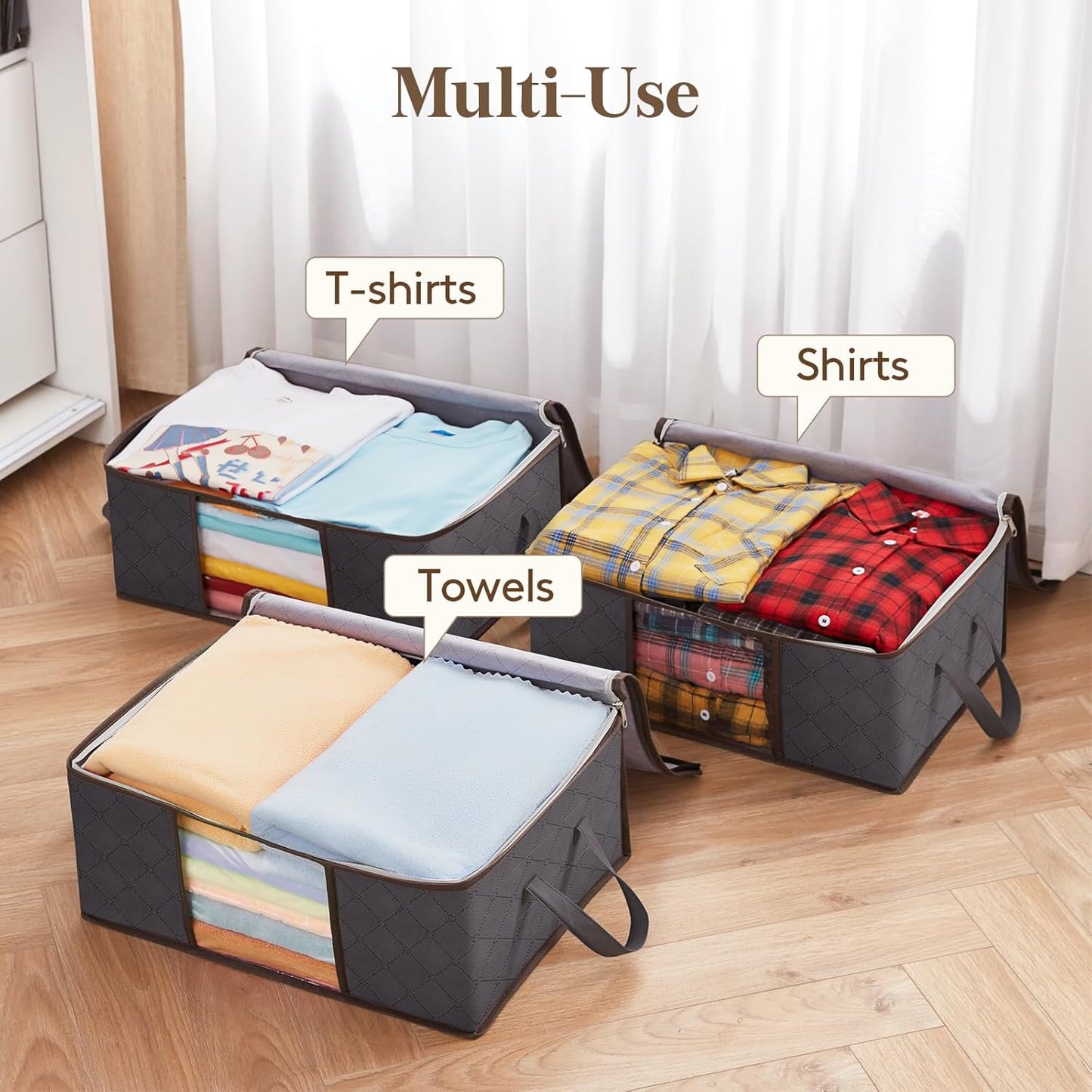 Lifewit 3 Pack Clothes Storage Bag, Foldable Storage Bin Closet Organizer with Clear Window, Sturdy Fabric for