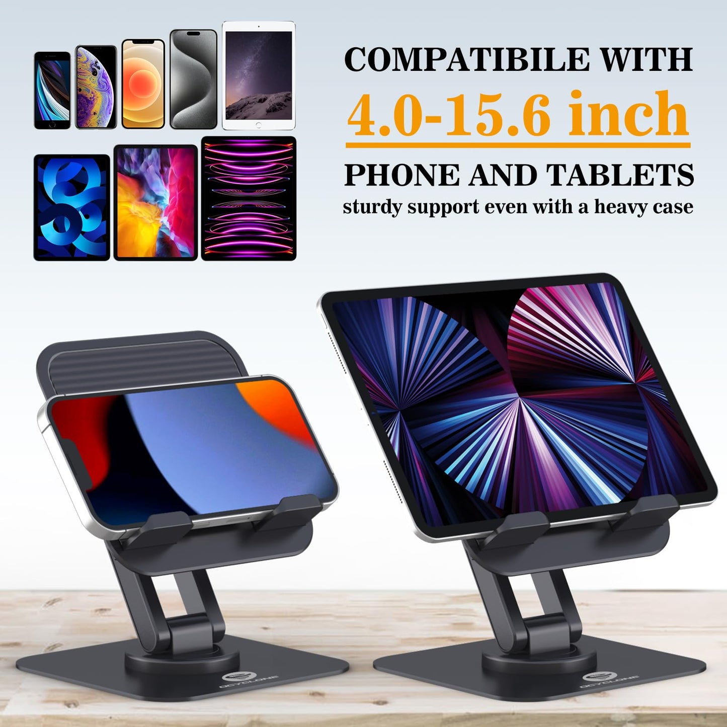 OCYCLONE for iPad Stand for Desk, 360 Rotating Adjustable Portable Monitor Tablet Holder Office Accessories Compatible with Kindle 4" - 15.6" Tablet iPad PS iPhone, Black