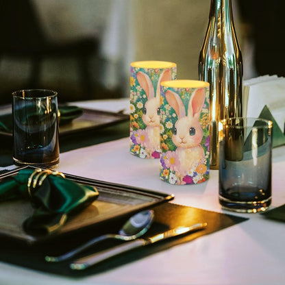 Luarisgur Flameless Candles LED Easter Rabbit Daisy Decorative Candles Battery Operated Ornage Flickering Candles with 18-Key Remote Timer Pillar for Home Living Room Party Table Decorations Green