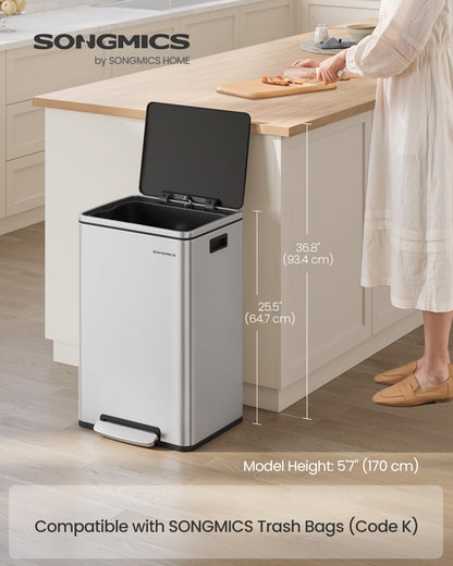 SONGMICS Trash Can, 13-Gallon Gabbage Can, with 15 Trash Bags, Stainless Steel, with Soft-Close Lid, Removable Inner Bucket, Handles, Silver ULTB595E01