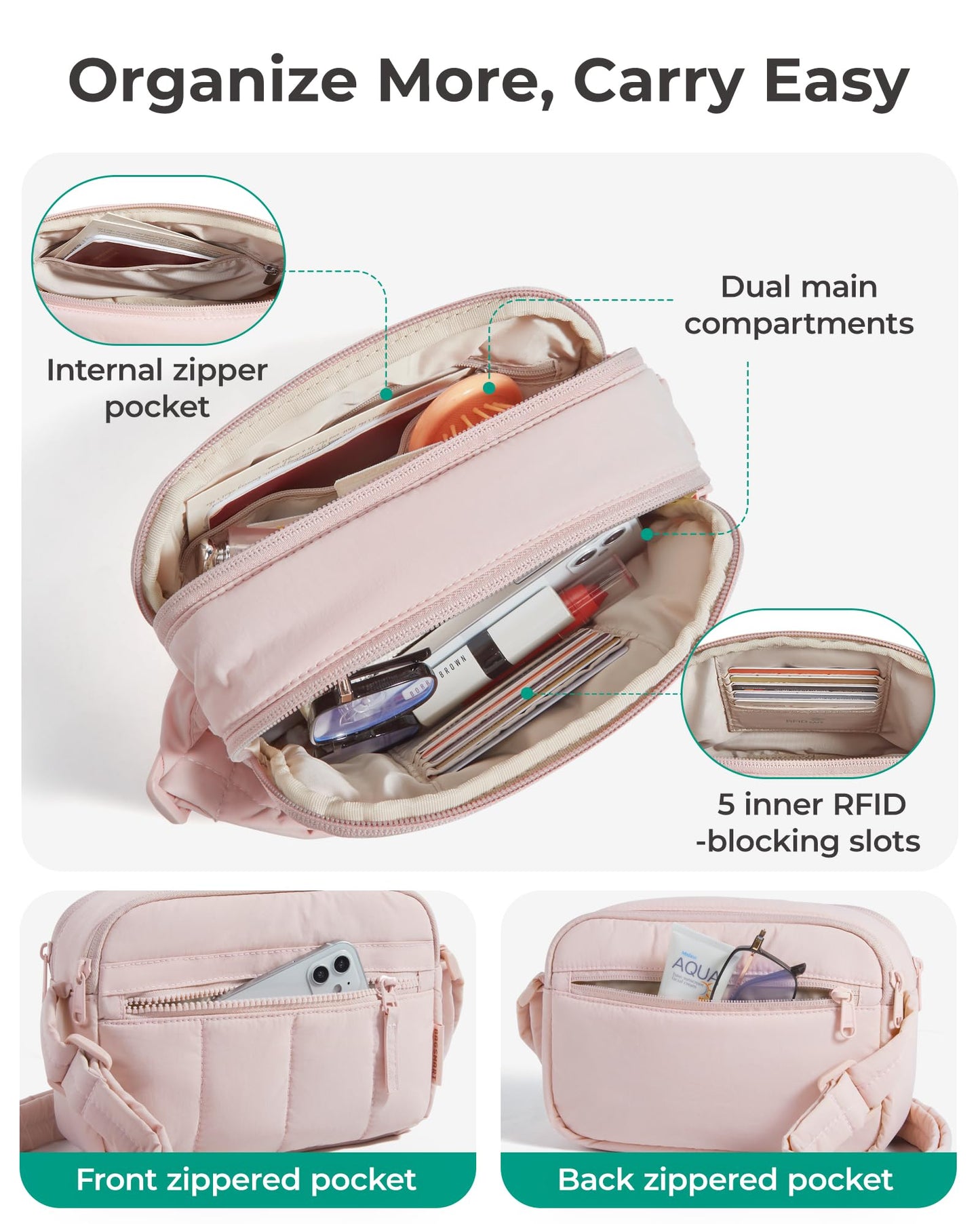 BAGSMART Cross Body Purse, Mini Crossbody Bags for Women Travel Purse, Puffy Shoulder Handbag Wallet with RFID Blocking Slots, Brown-small