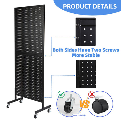 NectaCol 2'x 5' Standing Pegboard Display with T-Base, Pegboard Display Stand with Wheels, Metal Peg Board Display Rack, Art Display Stand, Extra 10 Pieces Hooks - Black