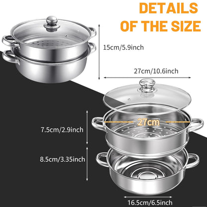2-Tier 28cm 304 Stainless Steel Steamer Pot with Glass Lid,for Dumplings, Seafood, Veggie Stews & Homemade Soups