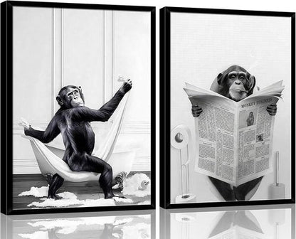 Funny Monkey Painting Poster - Framed Black and White Canvas Art | 12" x 16" for Kids' Bathroom Decor