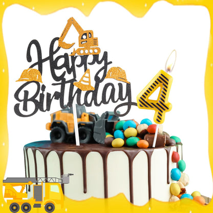 FUNCANDLE Set,Yellow 4 4th Construction Themed Birthday Candles White Stripes Number Candle with Construction Cake