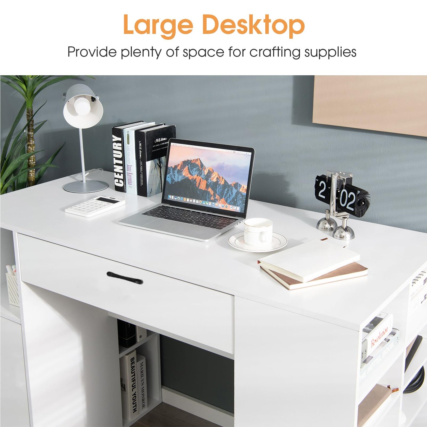 Giantex Craft Table with Storage, Artwork Sewing Table 14 Large & Small Storage Compartments, 1 Sliding Drawer, 1 Cabinet with 2 Shelves, 36'' Counter Height Drafting Writing Sewing Station Desk
