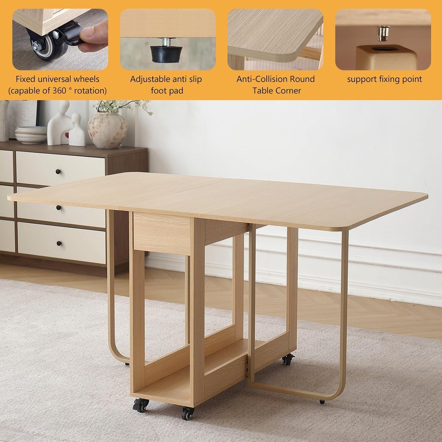 VASTATIO Folding Dining Chairs and Table Set, Space-Saving Dining Table and 2 Padded Steel Frame Folding Chairs(Wood), Drop Leaf Dining Table with Extra Large Storage Space and 2 Drawers