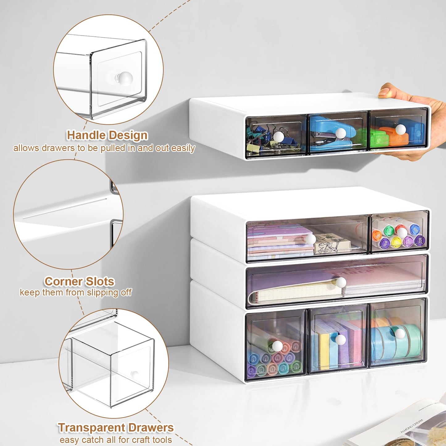 MYKASEN Desk Organizer with 9 Drawers, 4 Tier Plastic Stackable Storage Drawers for Desk Storage, Office Stationary Makeup Organizer Suit for Home, Office and School