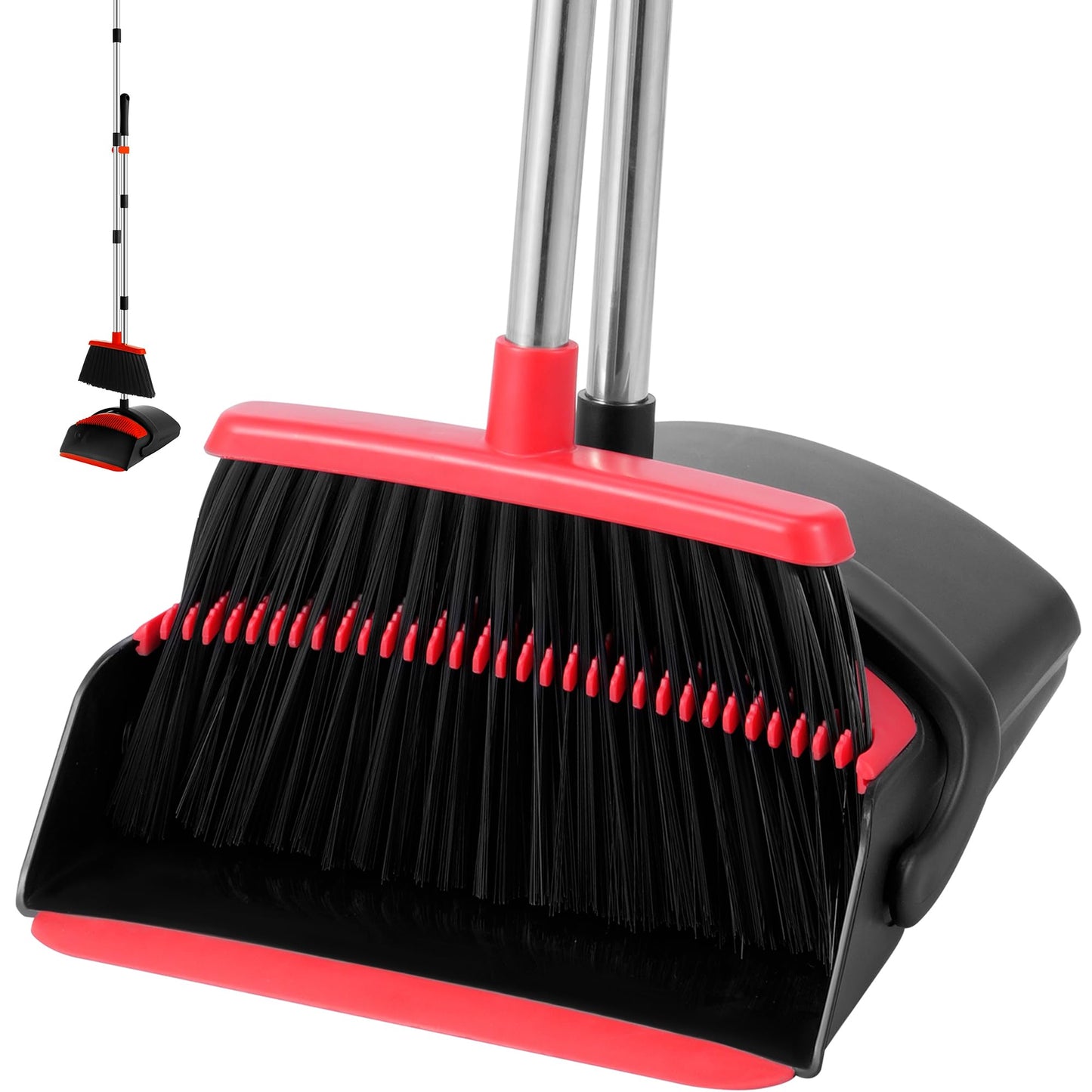 BSKLIN Broom and Dustpan Set for Home, 52" Long Handle Standing Broom Set with Dustpan Self-Cleaning Teeth for Hair Removal Heavy Duty Indoor Outdoor Sweeping Kit for Kitchen Garage (Black)