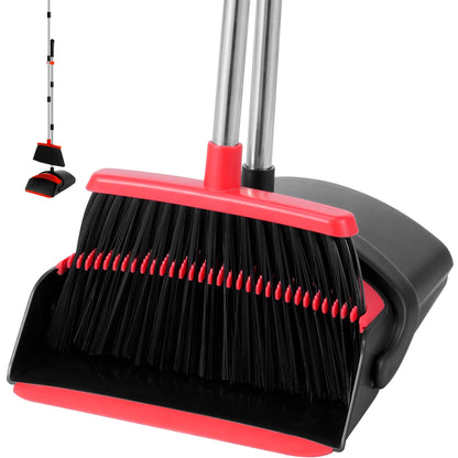 BSKLIN Broom and Dustpan Set for Home, 52" Long Handle Standing Broom Set with Dustpan Self-Cleaning Teeth for Hair Removal Heavy Duty Indoor Outdoor Sweeping Kit for Kitchen Garage (Black)