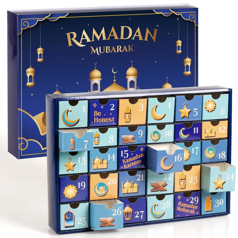 MOVINPE Ramdan Calendar with Drawers 2026 Ramadan Gifts for Kids, 30 Pre-Assembled Empty Boxes Eid Mubarak Coutdown Calendar Fillable Islamic Art Gift Box, Ramadan Party Supplies (Blue)