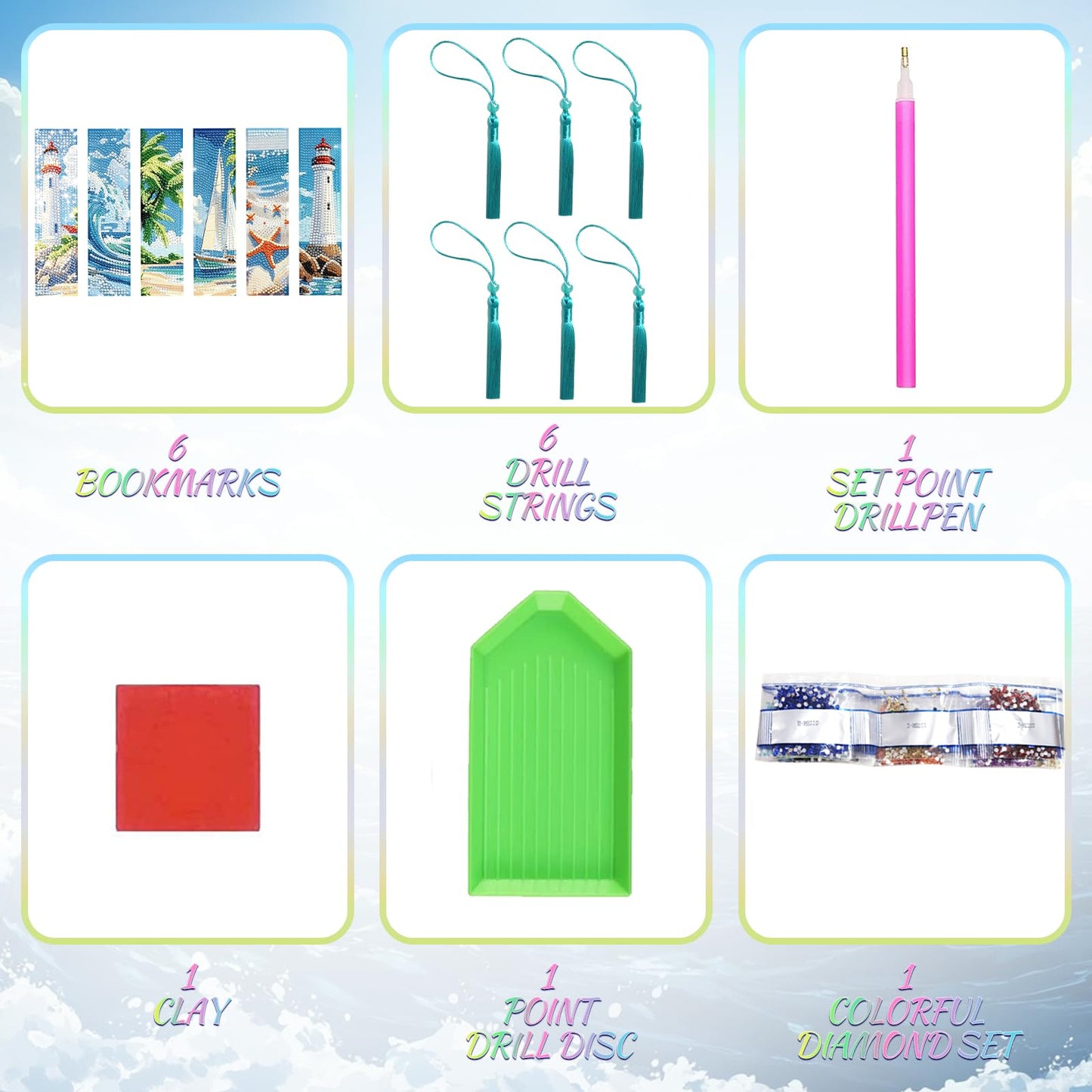 beinkmake 6Pcs 5D Diamond Painting Bookmarks Kit, Ocean Theme DIY Diamond Art Book Marks with Tassels, Diamond Dotz Bookmark Set for Adults Kids Beginners Craft Gift