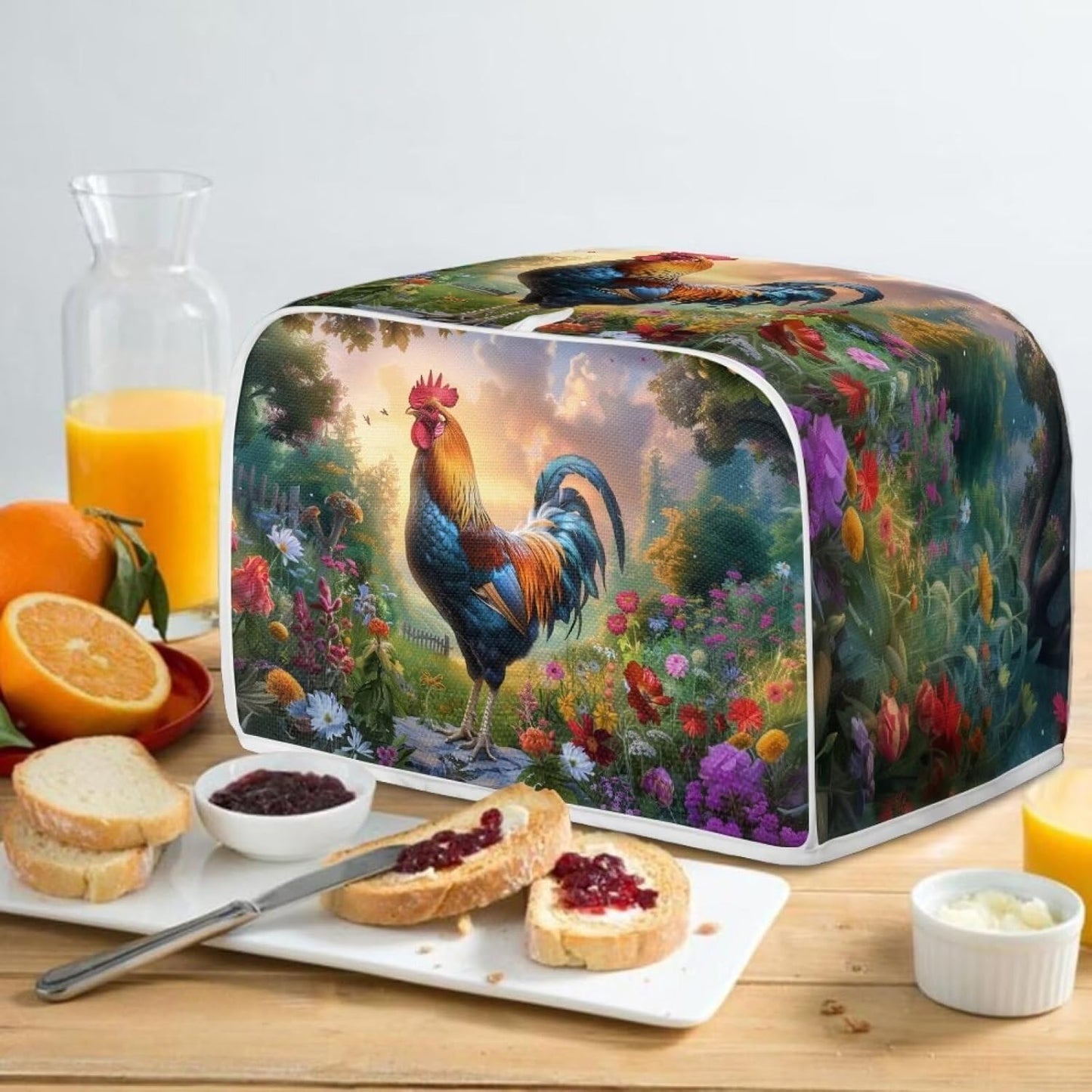 Rooster Bread Maker Cover, Washable 2 Slice Dust Cover, Anti-Sputtering Kitchen Appliance Protection (Green)