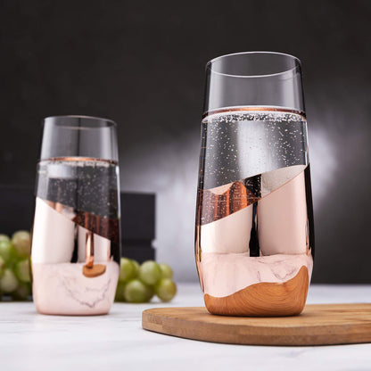 MyGift Modern Champagne Flutes, 11 oz Tilted Design Copper Stemless Champagne Flute Glasses, Set of 4
