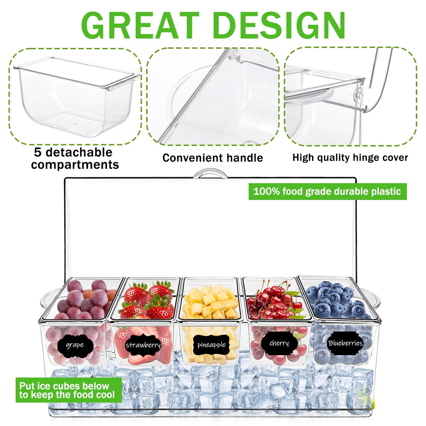 Hlimior 36 pcs Ice Chilled Condiment Server Caddy Bar Fruit Caddy with Lid, 5 Removable Compartments Plastic Storage Food Container Clear Ice Condiment Serving Tray for Party, Toppings Bar Container