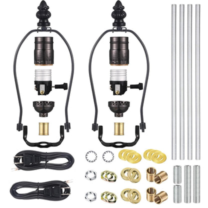 2 Sets Make-a-Lamp Kits - Table Repair or DIY Wiring Kits With 8'' Harp, 12'' Pipe, 3-Way Socket, 8 ft Cord, and All Hardware Parts for Creating DIY Antique Lamp Designs (Black)